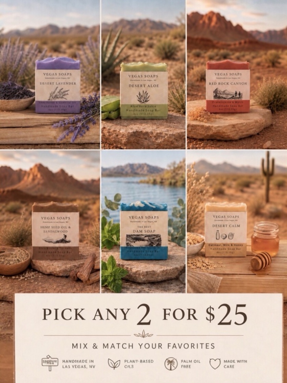 Vegas Soaps - Any 2 Handmade Soap Bars For $25 Mix & Match Your Favorites